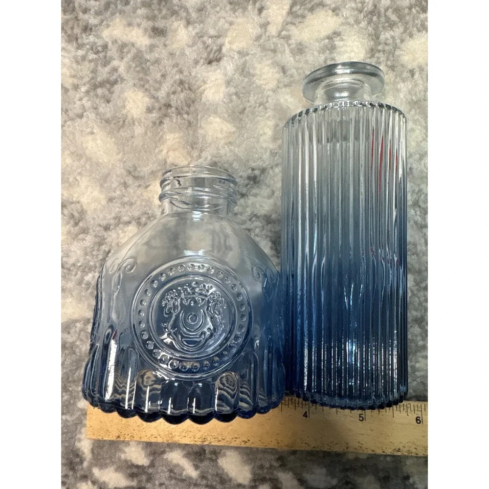 Blue Ombre Ribbed and Embossed Glass Decorative Bottle Set of 2